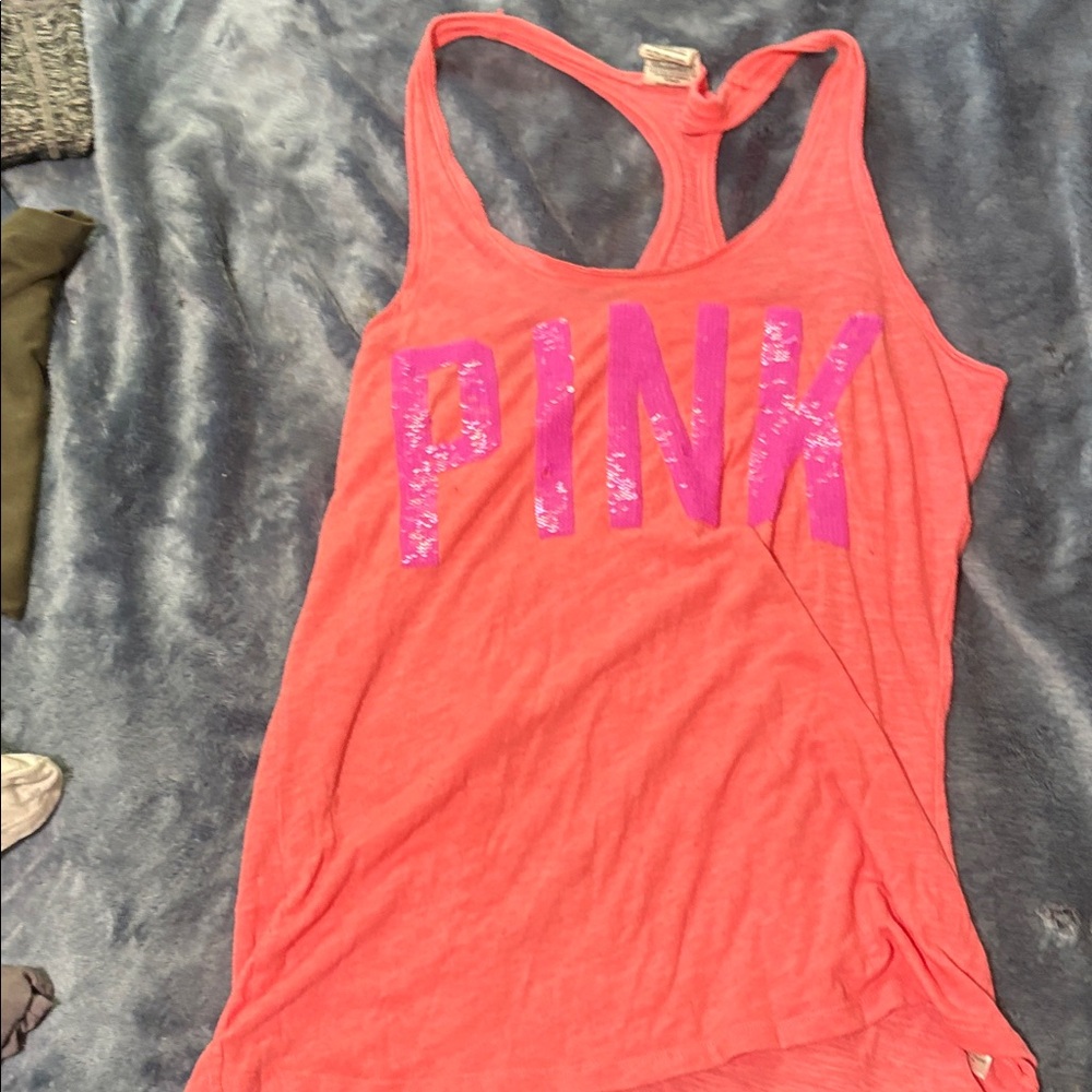 PINK Victoria's Secret Tank Top - Bright Coral with Pink Sequins